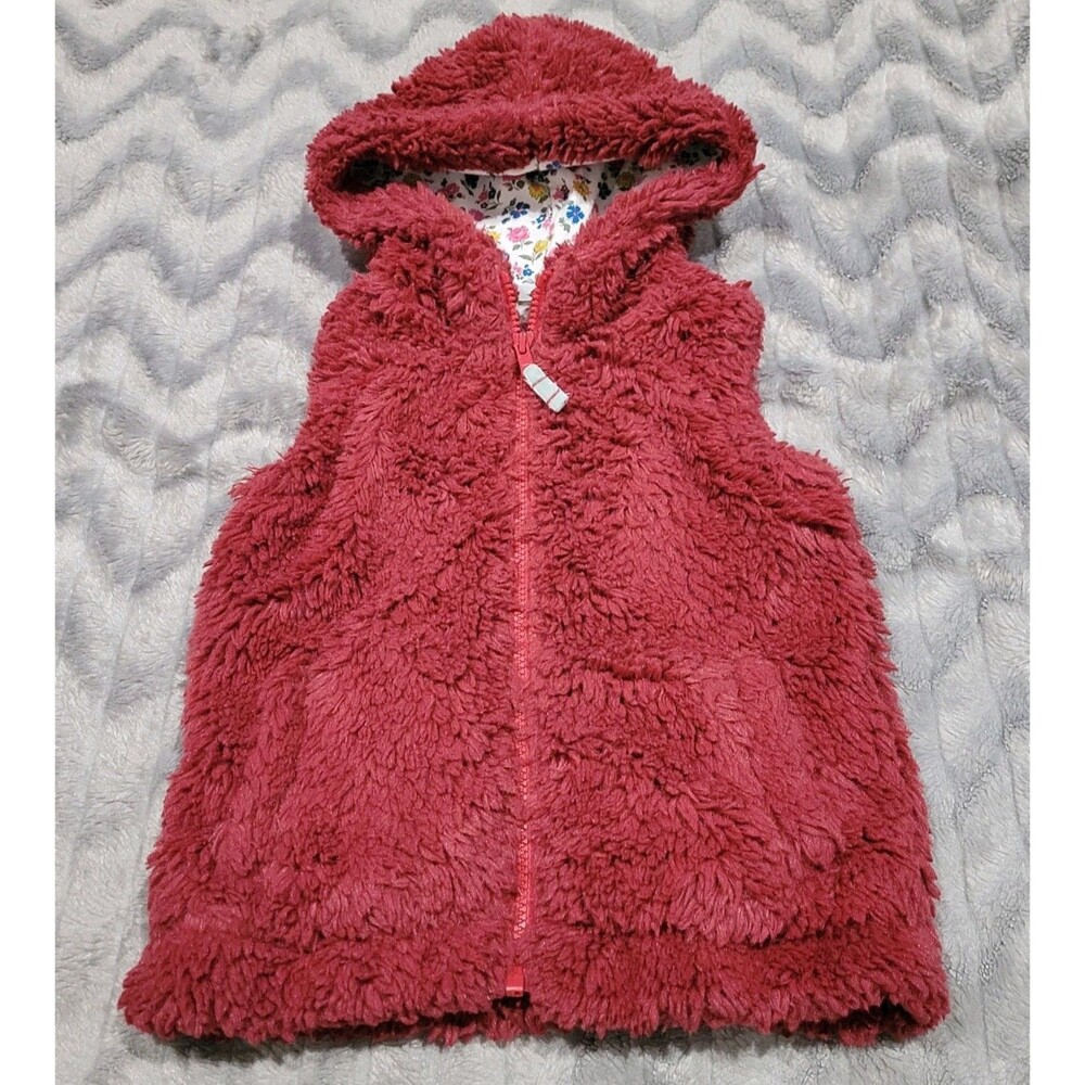 Mini Boden Toddler Girls Size 3-4 Y Faux Fur Fleece Red Hooded Vest